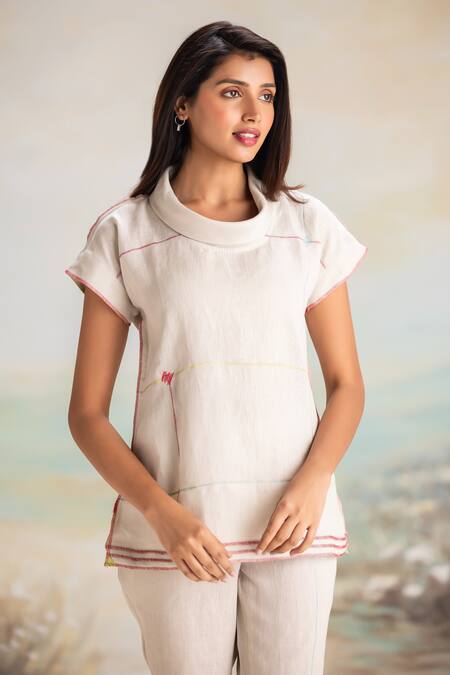 Buy Kaveri Beige Linen Round Neck Top And Pant Set Online at Aza Fashions Buy_Kaveri_Beige Linen Round Neck Top And Pant Set _Online_at_Aza_Fashions