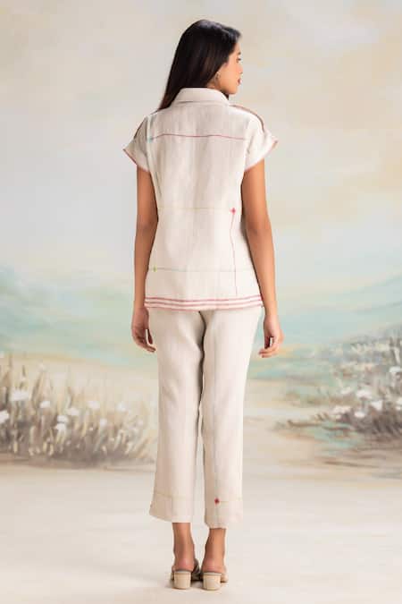 Shop Kaveri Beige Linen Round Neck Top And Pant Set at Aza Fashions Shop_Kaveri_Beige Linen Round Neck Top And Pant Set _at_Aza_Fashions