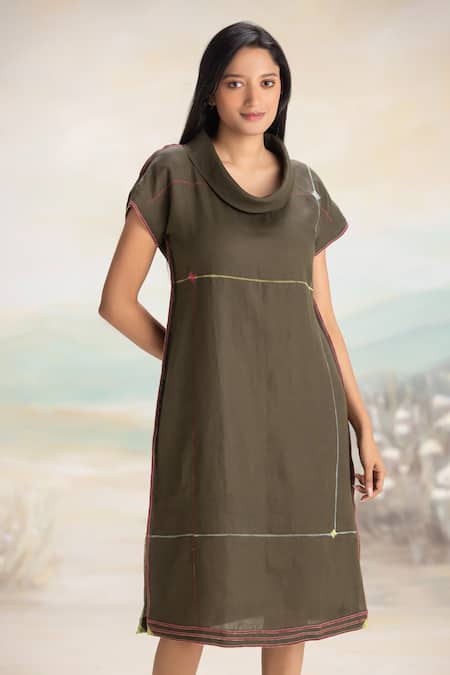 Kaveri_Green Linen Round Neck Collar Midi Dress _Online_at_Aza_Fashions