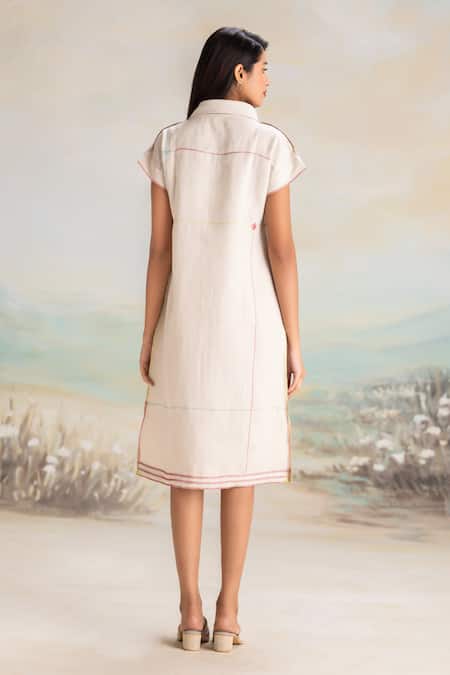 Shop Kaveri Beige Linen Round Neck Collar Midi Dress at Aza Fashions Shop_Kaveri_Beige Linen Round Neck Collar Midi Dress _at_Aza_Fashions