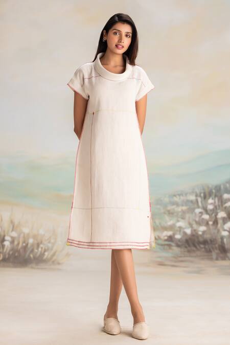 Buy Kaveri Beige Linen Round Neck Collar Midi Dress Online at Aza Fashions Buy_Kaveri_Beige Linen Round Neck Collar Midi Dress _Online_at_Aza_Fashions