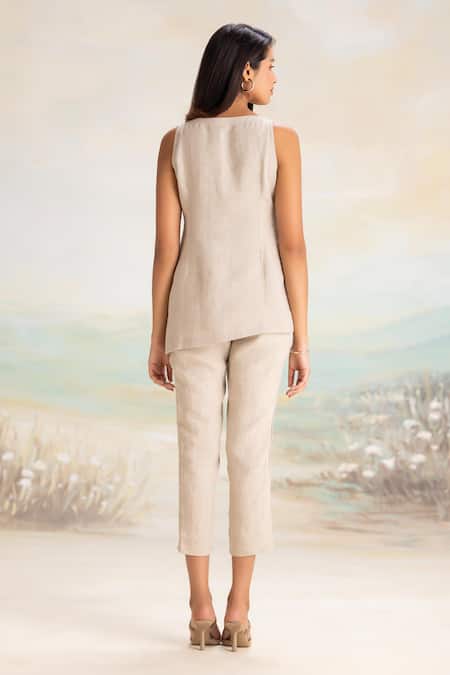 Shop Kaveri Off White Linen Embroidery, Applique Round Neck Asymmetrical Top And Pant Set at Aza Fashions Shop_Kaveri_Off White Linen Embroidery, Applique Round Neck Asymmetrical Top And Pant Set _at_Aza_Fashions