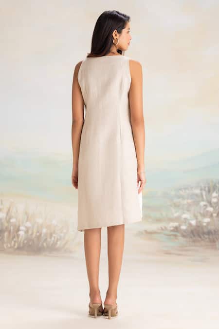 Shop Kaveri Off White Linen V-neck Asymmetric Dress at Aza Fashions Shop_Kaveri_Off White Linen V-neck Asymmetric Dress _at_Aza_Fashions