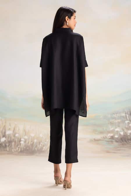 Shop Kaveri Black Linen Embroidery Mandarin Asymmetrical Natural And Kaftan & Pant Set at Aza Fashions Shop_Kaveri_Black Linen Embroidery Mandarin Asymmetrical Natural And Kaftan & Pant Set _at_Aza_Fashions