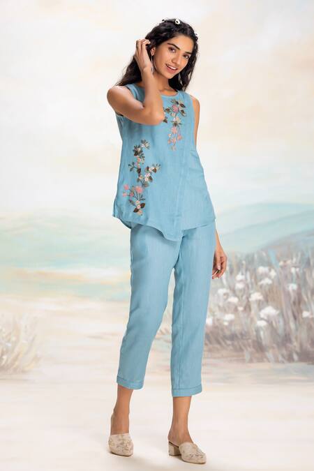Buy Kaveri Blue Linen Applique, Embroidery Round Neck Asymmetrical Top And Pant Set Online at Aza Fashions Buy_Kaveri_Blue Linen Applique, Embroidery Round Neck Asymmetrical Top And Pant Set _Online_at_Aza_Fashions
