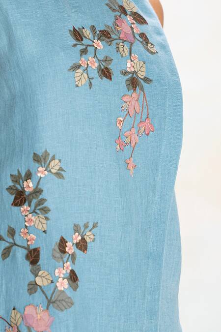 Kaveri Blue Linen Applique, Embroidery Round Neck Asymmetrical Top And Pant Set at Aza Fashions Kaveri_Blue Linen Applique, Embroidery Round Neck Asymmetrical Top And Pant Set _at_Aza_Fashions