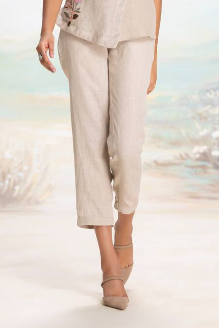 Kaveri Beige Linen Embroidery, Applique Round Neck Natural Asymmetrical Top And Pant Set Online at Aza Fashions Kaveri_Beige Linen Embroidery, Applique Round Neck Natural Asymmetrical Top And Pant Set _Online_at_Aza_Fashions