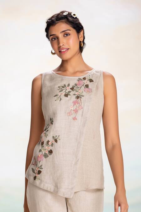 Buy Kaveri Beige Linen Embroidery, Applique Round Neck Natural Asymmetrical Top And Pant Set Online at Aza Fashions Buy_Kaveri_Beige Linen Embroidery, Applique Round Neck Natural Asymmetrical Top And Pant Set _Online_at_Aza_Fashions