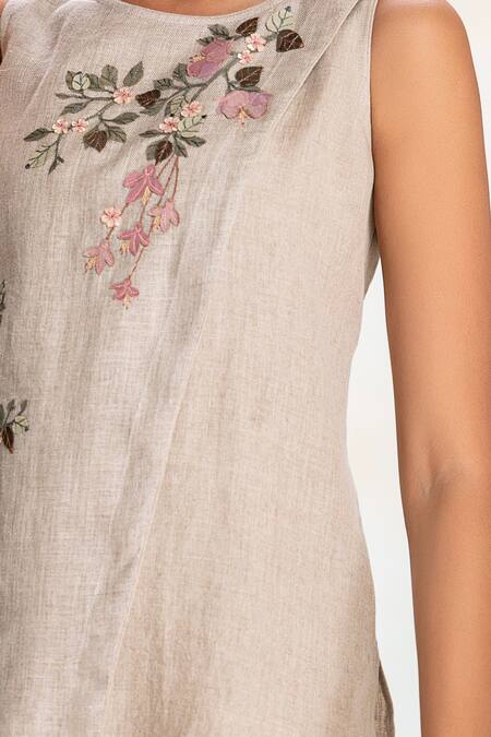 Shop Kaveri Beige Linen Embroidery, Applique Round Neck Natural Asymmetrical Top And Pant Set Online at Aza Fashions Shop_Kaveri_Beige Linen Embroidery, Applique Round Neck Natural Asymmetrical Top And Pant Set _Online_at_Aza_Fashions