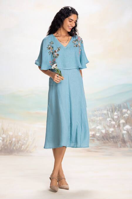 Kaveri_Blue Linen Applique, Embroidery V-neck Lake Cape Dress With _Online_at_Aza_Fashions