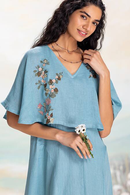 Buy_Kaveri_Blue Linen Applique, Embroidery V-neck Lake Cape Dress With _Online_at_Aza_Fashions