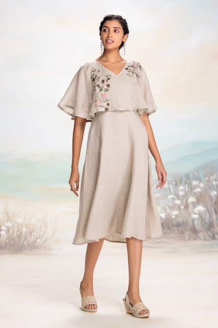 Kaveri_Beige Linen Embroidery, Applique V-neck Cape Dress _Online_at_Aza_Fashions