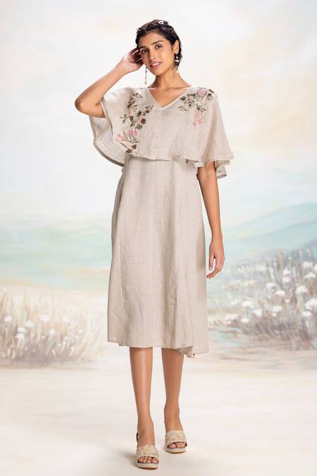 Buy_Kaveri_Beige Linen Embroidery, Applique V-neck Cape Dress _Online_at_Aza_Fashions