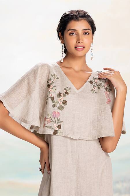 Shop_Kaveri_Beige Linen Embroidery, Applique V-neck Cape Dress _Online_at_Aza_Fashions