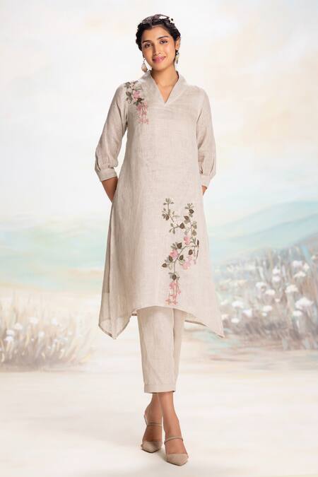 Kaveri Beige Linen Embroidery V-neck Natural Tunic And Pant Set Online at Aza Fashions Kaveri_Beige Linen Embroidery V-neck Natural Tunic And Pant Set _Online_at_Aza_Fashions