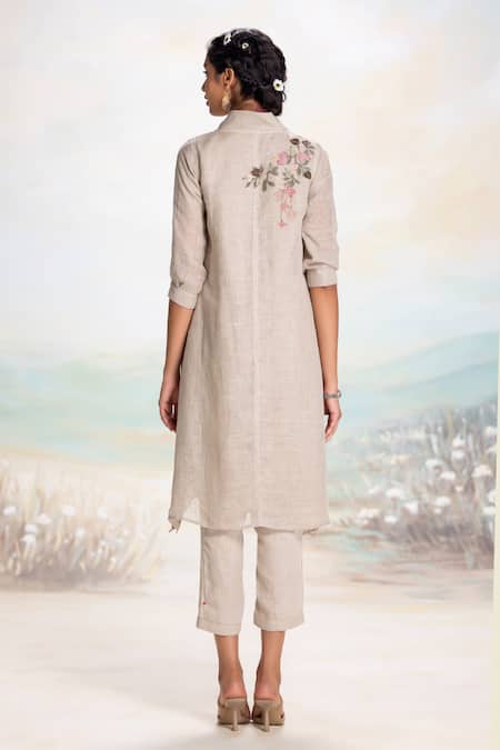 Shop Kaveri Beige Linen Embroidery V-neck Natural Tunic And Pant Set at Aza Fashions Shop_Kaveri_Beige Linen Embroidery V-neck Natural Tunic And Pant Set _at_Aza_Fashions