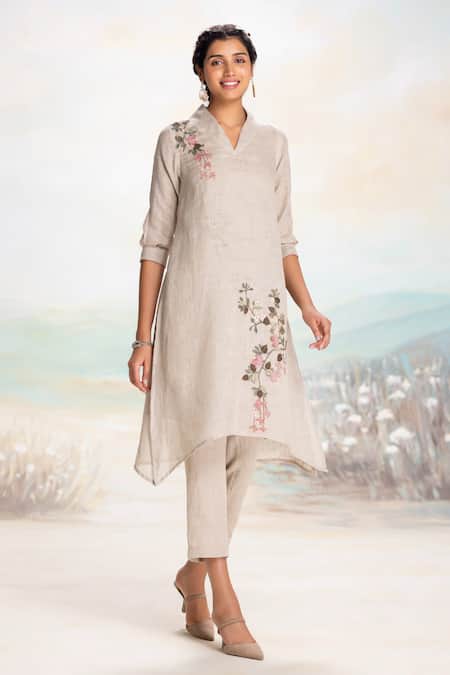 Shop Kaveri Beige Linen Embroidery V-neck Natural Tunic And Pant Set Online at Aza Fashions Shop_Kaveri_Beige Linen Embroidery V-neck Natural Tunic And Pant Set _Online_at_Aza_Fashions