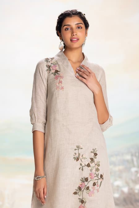 Kaveri Beige Linen Embroidery V-neck Natural Tunic And Pant Set at Aza Fashions Kaveri_Beige Linen Embroidery V-neck Natural Tunic And Pant Set _at_Aza_Fashions