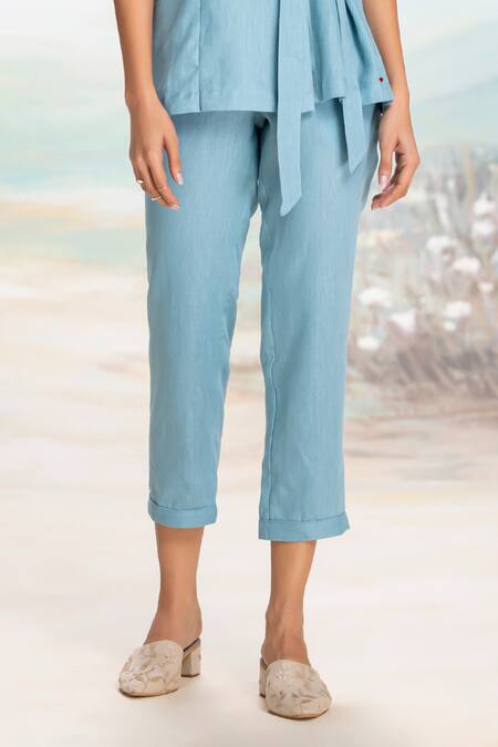 Kaveri Blue Linen Embroidery, Applique V-neck Lake Wrap Top And Pant Set Online at Aza Fashions Kaveri_Blue Linen Embroidery, Applique V-neck Lake Wrap Top And Pant Set _Online_at_Aza_Fashions