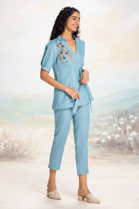 Buy Kaveri Blue Linen Embroidery, Applique V-neck Lake Wrap Top And Pant Set Online at Aza Fashions Buy_Kaveri_Blue Linen Embroidery, Applique V-neck Lake Wrap Top And Pant Set _Online_at_Aza_Fashions