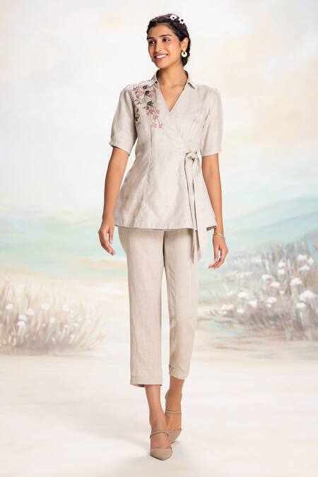 Kaveri Beige Linen Embroidery, Applique V-neck Natural Wrap Top And Pant Set Online at Aza Fashions Kaveri_Beige Linen Embroidery, Applique V-neck Natural Wrap Top And Pant Set _Online_at_Aza_Fashions