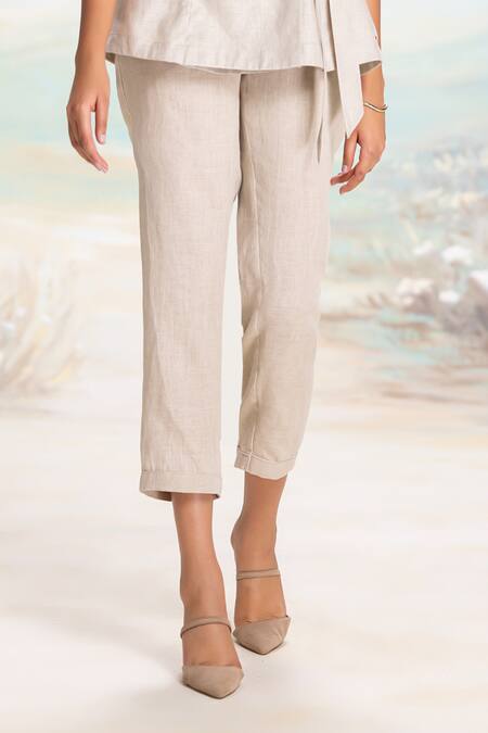 Buy Kaveri Beige Linen Embroidery, Applique V-neck Natural Wrap Top And Pant Set Online at Aza Fashions Buy_Kaveri_Beige Linen Embroidery, Applique V-neck Natural Wrap Top And Pant Set _Online_at_Aza_Fashions