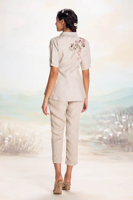Shop Kaveri Beige Linen Embroidery, Applique V-neck Natural Wrap Top And Pant Set at Aza Fashions Shop_Kaveri_Beige Linen Embroidery, Applique V-neck Natural Wrap Top And Pant Set _at_Aza_Fashions