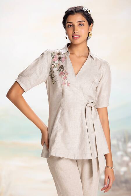 Shop Kaveri Beige Linen Embroidery, Applique V-neck Natural Wrap Top And Pant Set Online at Aza Fashions Shop_Kaveri_Beige Linen Embroidery, Applique V-neck Natural Wrap Top And Pant Set _Online_at_Aza_Fashions