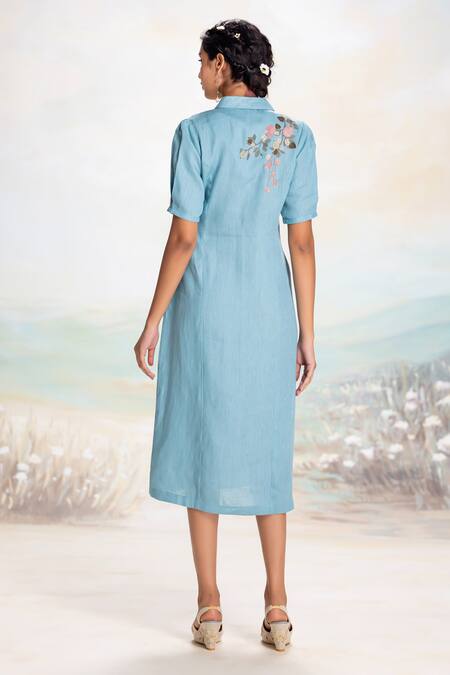 Shop_Kaveri_Blue Linen Embroidery, Applique V-neck Lake Wrap Dress With _at_Aza_Fashions