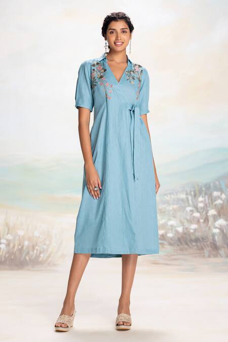 Kaveri_Blue Linen Embroidery, Applique V-neck Lake Wrap Dress With _Online_at_Aza_Fashions