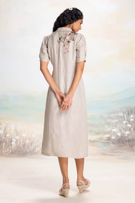 Shop Kaveri Beige Linen Embroidery, Applique V-neck Natural Wrap Dress at Aza Fashions Shop_Kaveri_Beige Linen Embroidery, Applique V-neck Natural Wrap Dress _at_Aza_Fashions