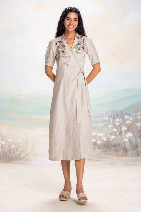 Kaveri Beige Linen Embroidery, Applique V-neck Natural Wrap Dress Online at Aza Fashions Kaveri_Beige Linen Embroidery, Applique V-neck Natural Wrap Dress _Online_at_Aza_Fashions