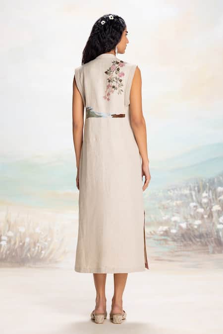 Shop Kaveri Beige Linen Embroidery, Applique V-neck Natural Midi Dress With at Aza Fashions Shop_Kaveri_Beige Linen Embroidery, Applique V-neck Natural Midi Dress With _at_Aza_Fashions