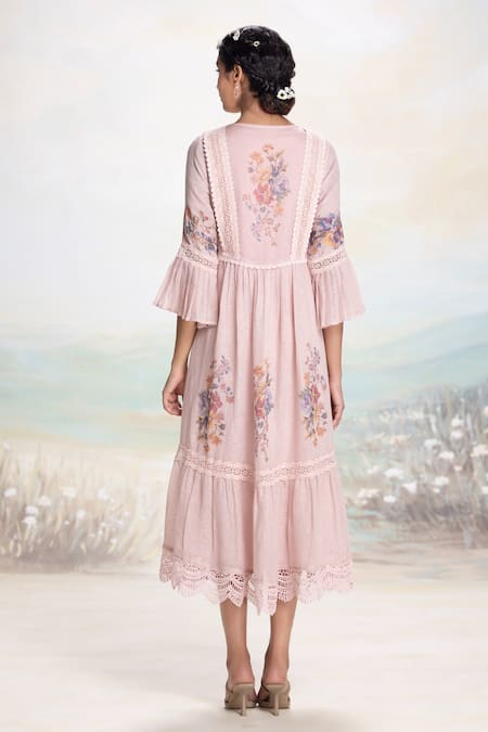 Shop Kaveri Pink Linen Lace V-neck Floral Midi Dress at Aza Fashions Shop_Kaveri_Pink Linen Lace V-neck Floral Midi Dress _at_Aza_Fashions