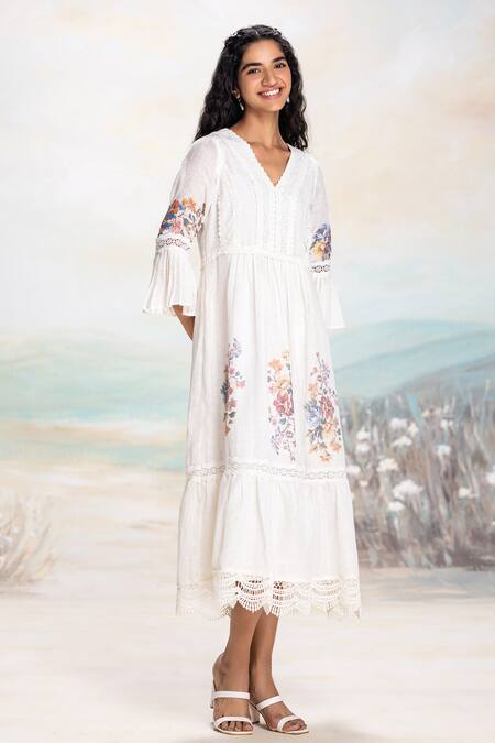 Kaveri White Linen Lace V-neck Floral Insert Midi Dress Online at Aza Fashions Kaveri_White Linen Lace V-neck Floral Insert Midi Dress _Online_at_Aza_Fashions