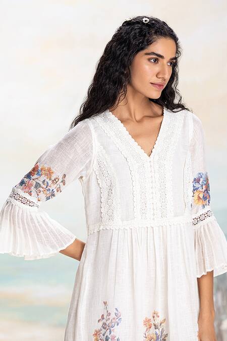 Buy Kaveri White Linen Lace V-neck Floral Insert Midi Dress Online at Aza Fashions Buy_Kaveri_White Linen Lace V-neck Floral Insert Midi Dress _Online_at_Aza_Fashions