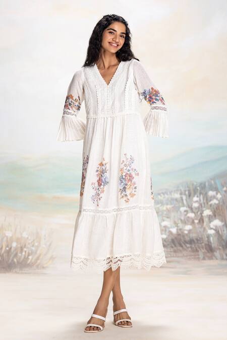 Shop Kaveri White Linen Lace V-neck Floral Insert Midi Dress Online at Aza Fashions Shop_Kaveri_White Linen Lace V-neck Floral Insert Midi Dress _Online_at_Aza_Fashions