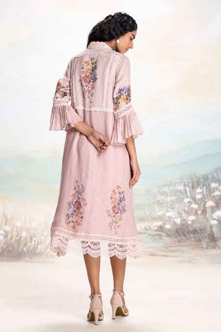 Shop Kaveri Pink Linen Lace Round Neck Floral Print Midi Dress And Jacket Set at Aza Fashions Shop_Kaveri_Pink Linen Lace Round Neck Floral Print Midi Dress And Jacket Set _at_Aza_Fashions