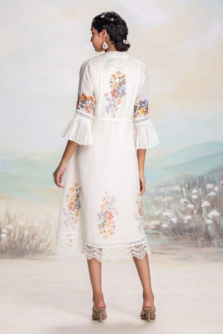 Shop Kaveri White Linen Lace Round Neck Dress And Jacket Set at Aza Fashions Shop_Kaveri_White Linen Lace Round Neck Dress And Jacket Set _at_Aza_Fashions