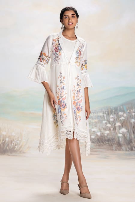 Kaveri White Linen Lace Round Neck Dress And Jacket Set Online at Aza Fashions Kaveri_White Linen Lace Round Neck Dress And Jacket Set _Online_at_Aza_Fashions
