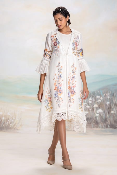 Buy Kaveri White Linen Lace Round Neck Dress And Jacket Set Online at Aza Fashions Buy_Kaveri_White Linen Lace Round Neck Dress And Jacket Set _Online_at_Aza_Fashions