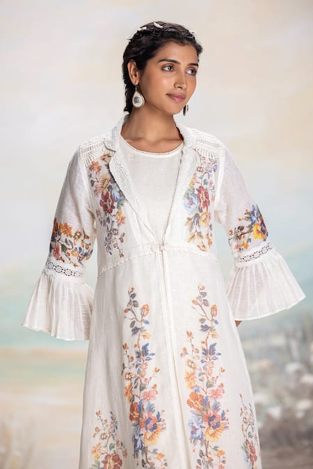 Shop Kaveri White Linen Lace Round Neck Dress And Jacket Set Online at Aza Fashions Shop_Kaveri_White Linen Lace Round Neck Dress And Jacket Set _Online_at_Aza_Fashions