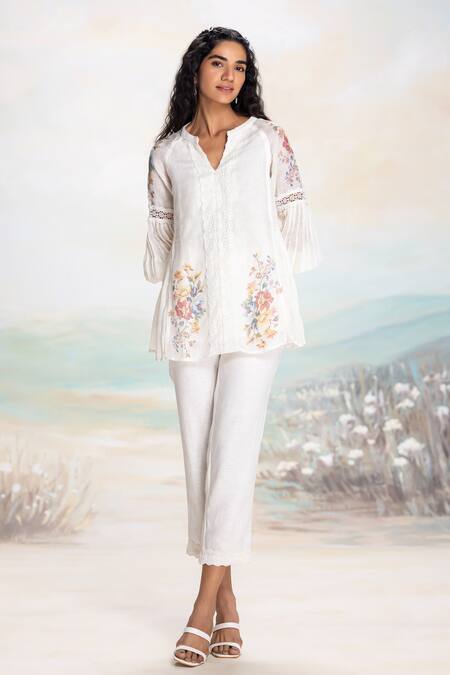 Buy Kaveri White Linen Lace, Pearls V-neck Floral Print Top And Pant Set Online at Aza Fashions Buy_Kaveri_White Linen Lace, Pearls V-neck Floral Print Top And Pant Set _Online_at_Aza_Fashions