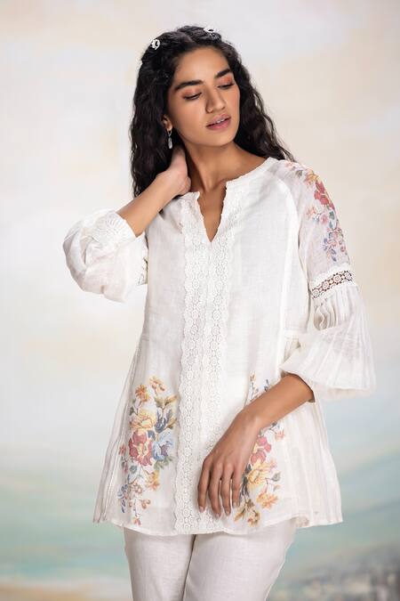 Kaveri White Linen Lace, Pearls V-neck Floral Print Top And Pant Set at Aza Fashions Kaveri_White Linen Lace, Pearls V-neck Floral Print Top And Pant Set _at_Aza_Fashions