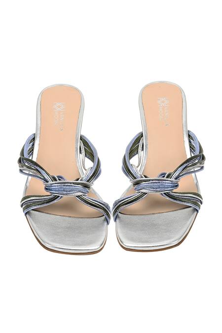 Shop Vanilla Moon Silver Metallic Strappy Sandals With Square Heel at Aza Fashions Shop_Vanilla Moon_Silver Metallic Strappy Sandals With Square Heel_at_Aza_Fashions