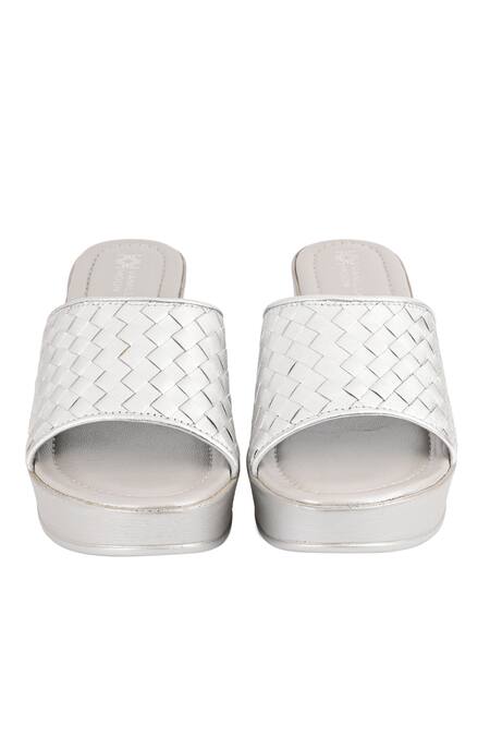 Shop Vanilla Moon Silver Etolie Woven Mule Heeled Platforms at Aza Fashions Shop_Vanilla Moon_Silver Etolie Woven Mule Heeled Platforms_at_Aza_Fashions