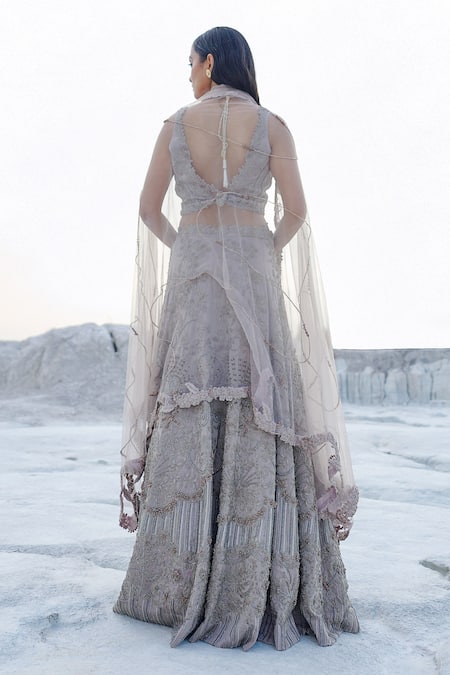 Shop_Ankur J_Gray Satin, Net Tassels Sweetheart Neck Slat Stone Embellished Lehenga Set _at_Aza_Fashions