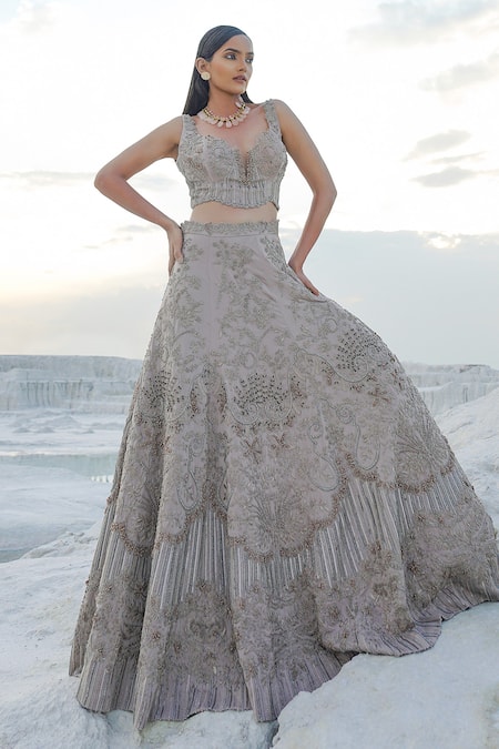 Ankur J_Gray Satin, Net Tassels Sweetheart Neck Slat Stone Embellished Lehenga Set _Online_at_Aza_Fashions