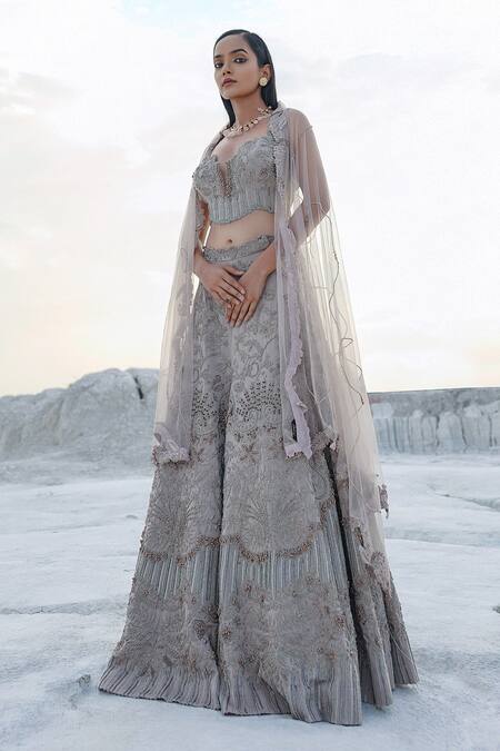 Buy_Ankur J_Gray Satin, Net Tassels Sweetheart Neck Slat Stone Embellished Lehenga Set _Online_at_Aza_Fashions