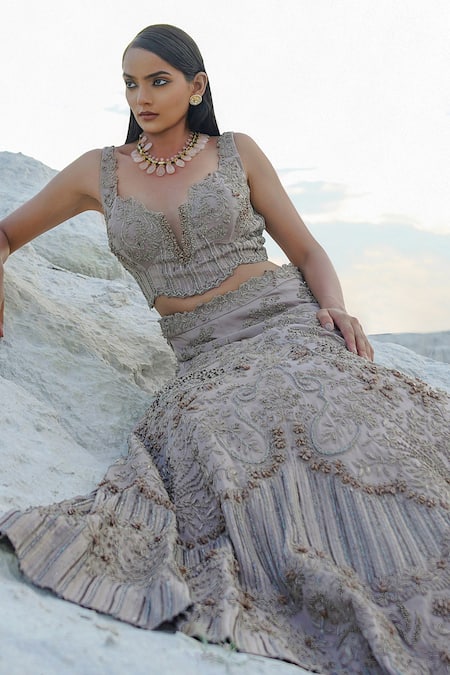 Shop_Ankur J_Gray Satin, Net Tassels Sweetheart Neck Slat Stone Embellished Lehenga Set _Online_at_Aza_Fashions